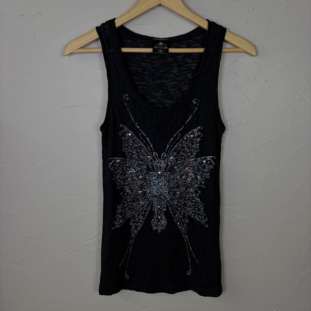 Petrol Tank Top Womens Large Black Butterfly Graphic Rhinestone Burnout Y2K Goth
